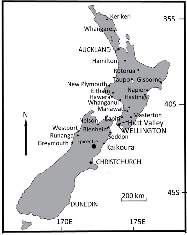 map of New Zealand showing distance of earthquake light reports from Earthquake epicentres